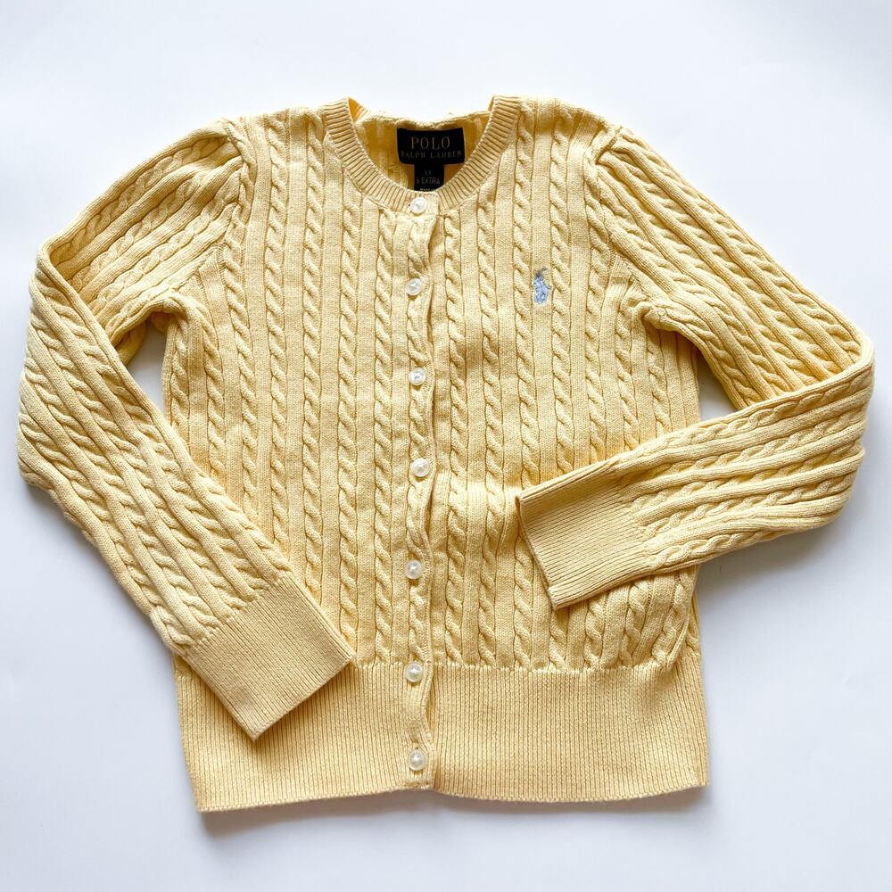 Girls Polo Ralph Lauren Yellow Preppy Cable Knit Cardigan Size 6X